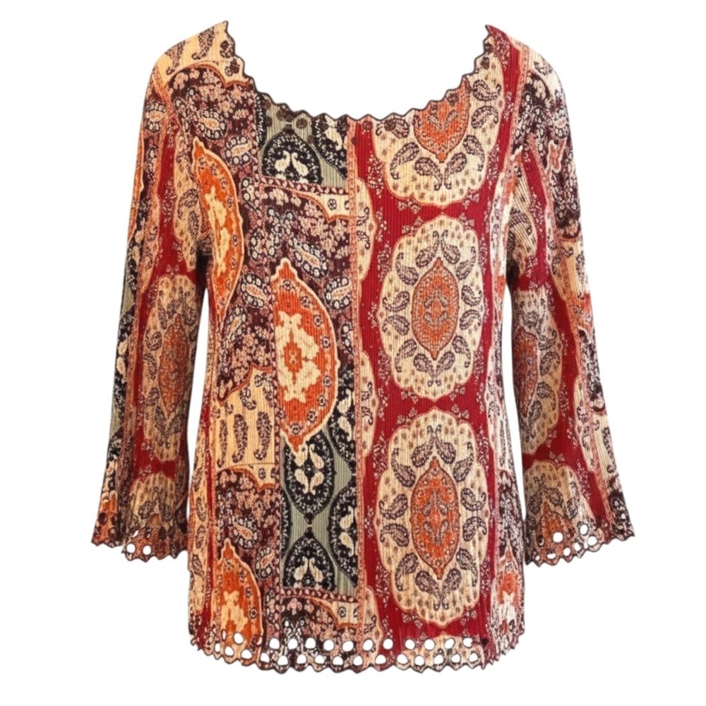Belissimo‎ Blouse Red Paisley Boho Pleated Scalloped Hem Womens Large